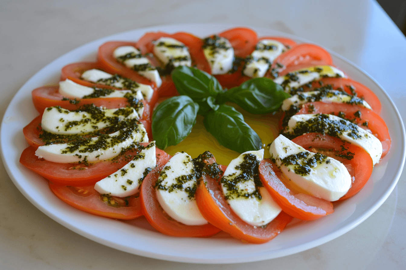 An elegant Caprese Salad featuring fresh mozzarella slices, ripe red tomatoes, and vibrant green basil leaves, drizzled with olive oil and balsamic glaze, served on a rustic wooden plate