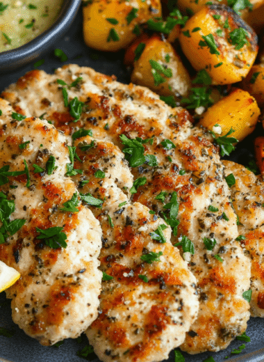 Cooked turkey cutlets garnished with parsley and lemon wedges on a serving plate, paired with roasted vegetables and dipping sauce