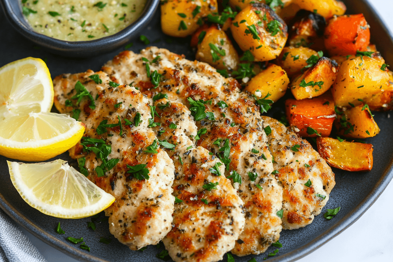 Cooked turkey cutlets garnished with parsley and lemon wedges on a serving plate, paired with roasted vegetables and dipping sauce