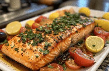 A beautifully plated Mediterranean salmon dish with a grilled salmon fillet garnished with fresh parsley and lemon slices