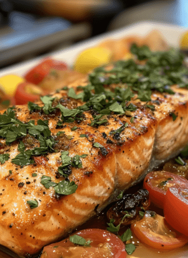 A beautifully plated Mediterranean salmon dish with a grilled salmon fillet garnished with fresh parsley and lemon slices
