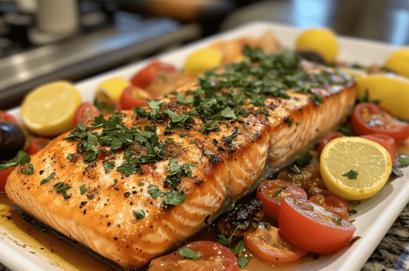 A beautifully plated Mediterranean salmon dish with a grilled salmon fillet garnished with fresh parsley and lemon slices