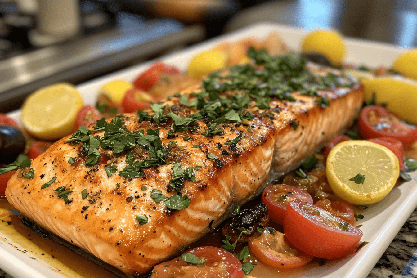 A beautifully plated Mediterranean salmon dish with a grilled salmon fillet garnished with fresh parsley and lemon slices