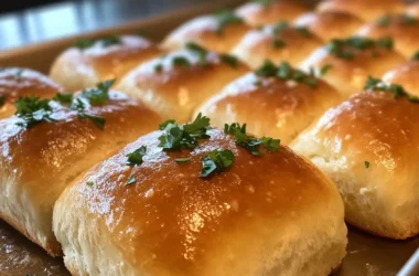 Close-up of golden and fluffy cottage cheese bread rolls, garnished with fresh parsley on a rustic wooden table.