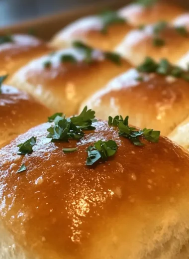 Close-up of golden and fluffy cottage cheese bread rolls, garnished with fresh parsley on a rustic wooden table.