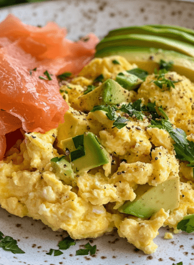 Close-up of a high-protein breakfast with scrambled eggs, avocado slices, and smoked salmon on whole-grain toast