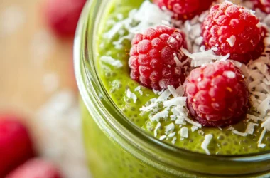 Close-up of matcha chia pudding with raspberries and coconut.