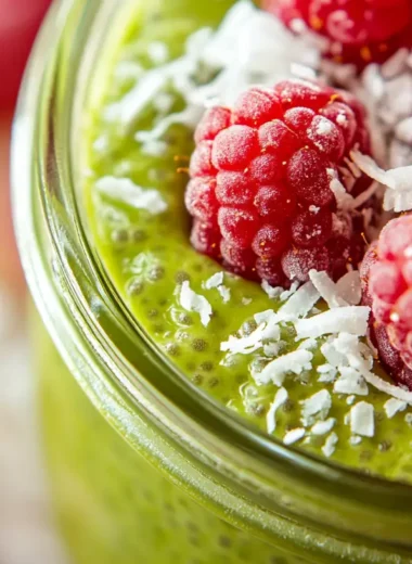 Close-up of matcha chia pudding with raspberries and coconut.