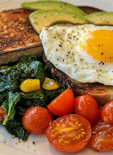 Close-up of a vibrant vegetarian breakfast featuring spinach, roasted cherry tomatoes, sunny-side-up eggs, and avocado toast on a plate.
