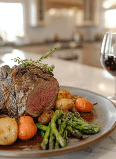 Beef shoulder roast served on a kitchen island with vegetables and red wine in a cozy kitchen setting.