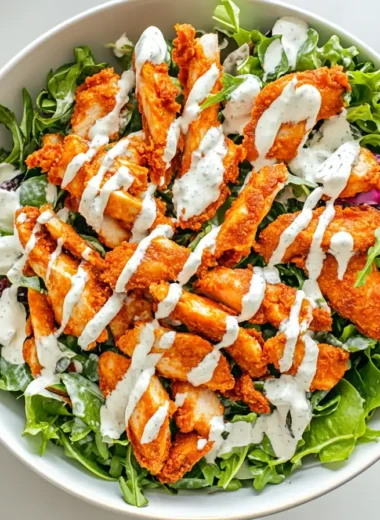 Wide-angle view of a buffalo chicken salad in a modern kitchen setting.