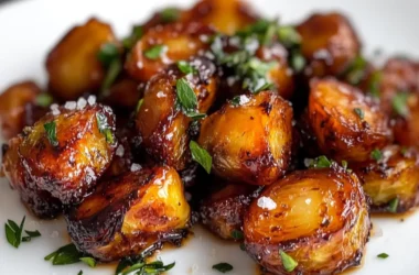 Close-up of candied Brussels sprouts glistening with a glossy caramelized glaze, garnished with sea salt and thyme, on a rustic wooden surface.