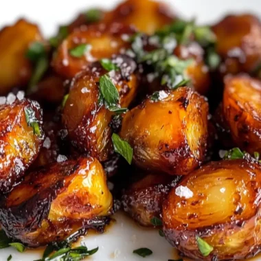 Close-up of candied Brussels sprouts glistening with a glossy caramelized glaze, garnished with sea salt and thyme, on a rustic wooden surface.
