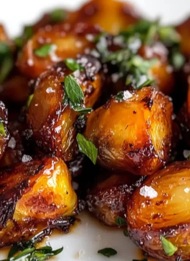 Close-up of candied Brussels sprouts glistening with a glossy caramelized glaze, garnished with sea salt and thyme, on a rustic wooden surface.