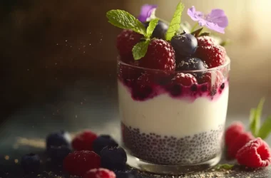Close-up of layered chia yogurt parfait with berries.
