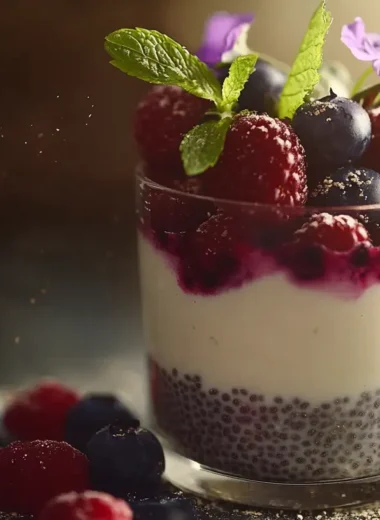 Close-up of layered chia yogurt parfait with berries.