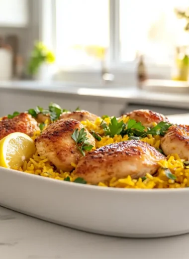 Wide-angle view of chicken and yellow rice served in a modern kitchen.