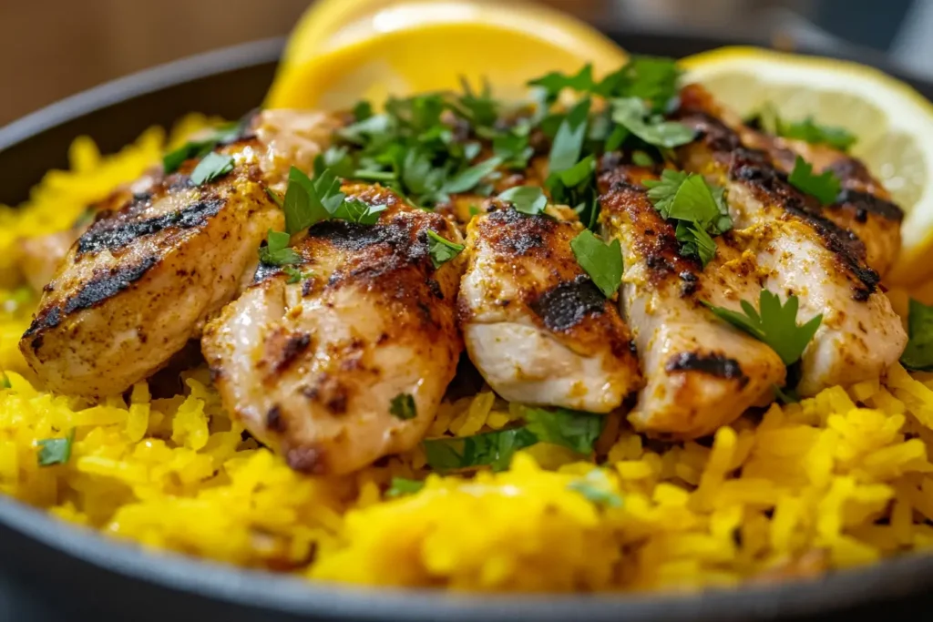 Close-up of chicken with yellow rice garnished with parsley and lemon wedges.