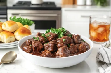 Wide-angle view of cube steak crock pot served with mashed potatoes in a modern kitchen.