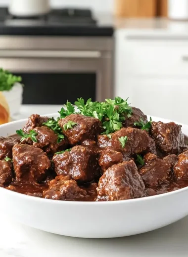 Wide-angle view of cube steak crock pot served with mashed potatoes in a modern kitchen.