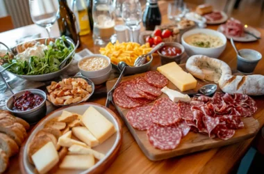 A German breakfast spread served on a wooden table in a cozy kitchen.