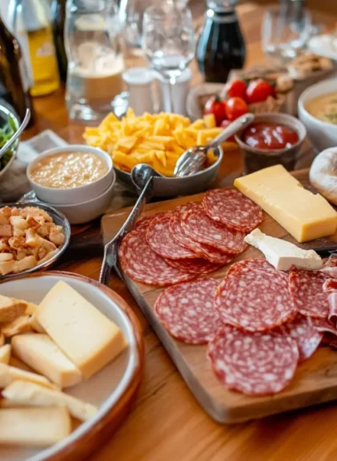 A German breakfast spread served on a wooden table in a cozy kitchen.