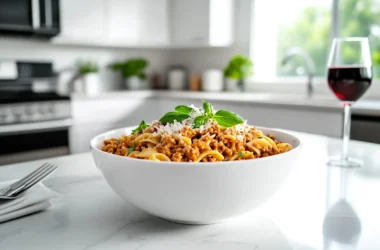 Wide-angle view of ground turkey pasta served in a modern kitchen.