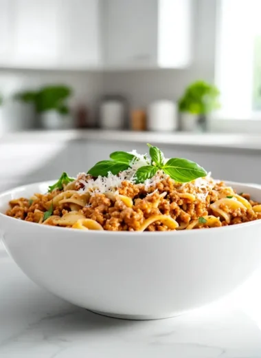 Wide-angle view of ground turkey pasta served in a modern kitchen.