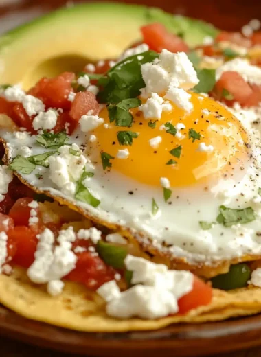 Close-up of a Mexican breakfast with chilaquiles, salsa, crema, queso fresco, and egg.