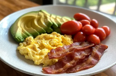 Wide-angle shot of a protein breakfast on a kitchen island with scrambled eggs, turkey bacon, avocado, and cherry tomatoes