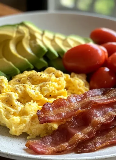 Wide-angle shot of a protein breakfast on a kitchen island with scrambled eggs, turkey bacon, avocado, and cherry tomatoes