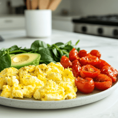 plate with low carb vegetarian breakfast with eggs, avocado, tomato and spinach