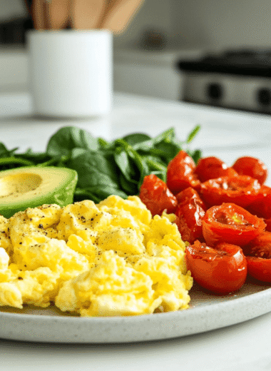plate with low carb vegetarian breakfast with eggs, avocado, tomato and spinach