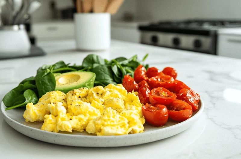 plate with low carb vegetarian breakfast with eggs, avocado, tomato and spinach